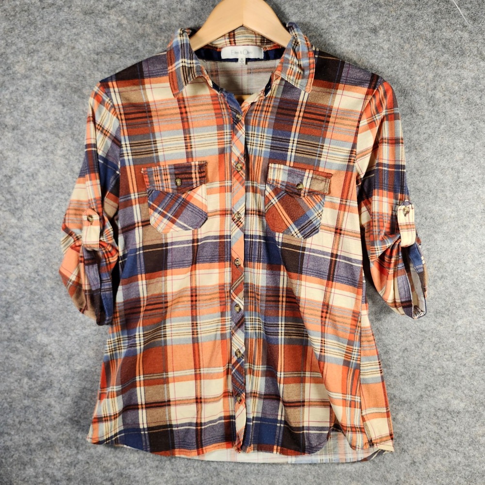 Eden Olivia Plaid Button Up Shirt Women's Size Small Orange Blue Long Sleeve